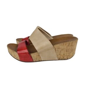 Chocolat Blu Martin cream and red leather double strap wedge sandals size 6.5